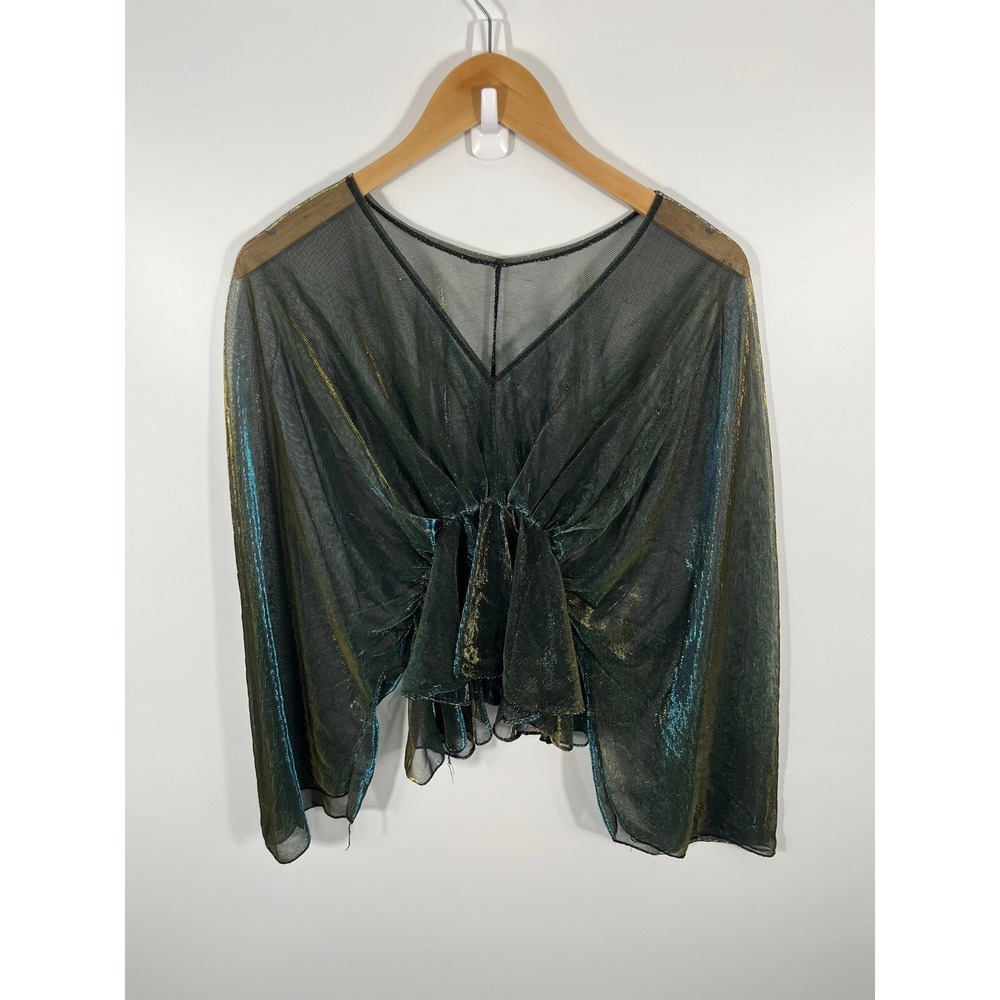 Babydoll Festival Fairy Rave Womens Top‎ Iridescent Green Flare Sleeve Sheer